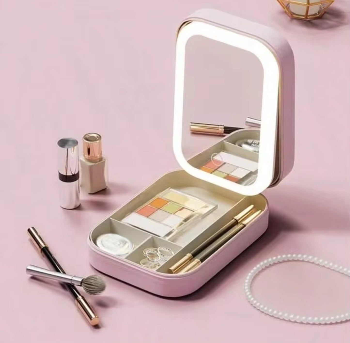 Portable Leather Led Mirror Makeup Bag