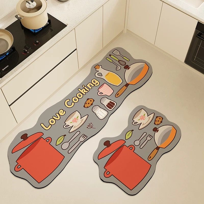 2 Pcs Creative Anti Slip Water Absorbent Floor Mat for Kitchen
