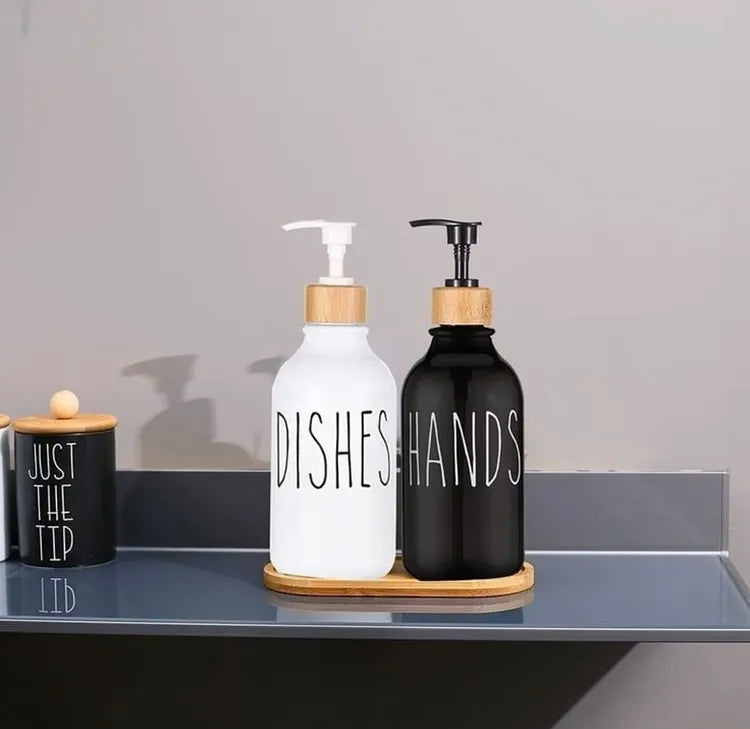 Modern Soap Dispenser Set for Hands & Dishes with Bamboo Tray
