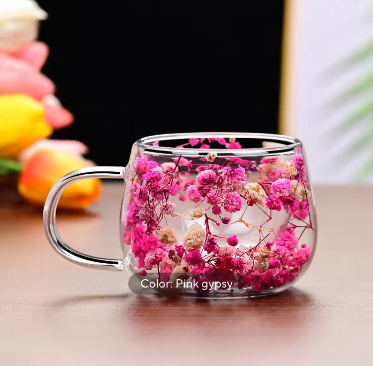 350ml Double Layer Dried Flowers Coffee Glass