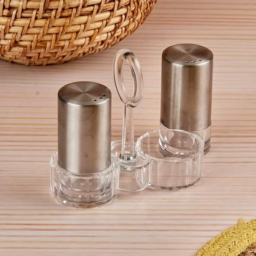 Stainless Steel Salt & Pepper Shaker Set with Acrylic Holder