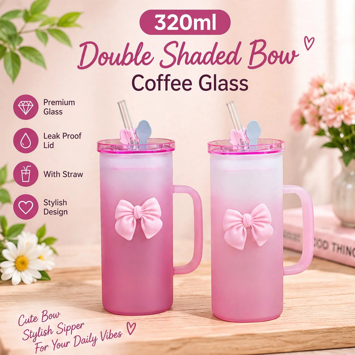 320ml Double Shaded Bow Coffee Glass with Straw