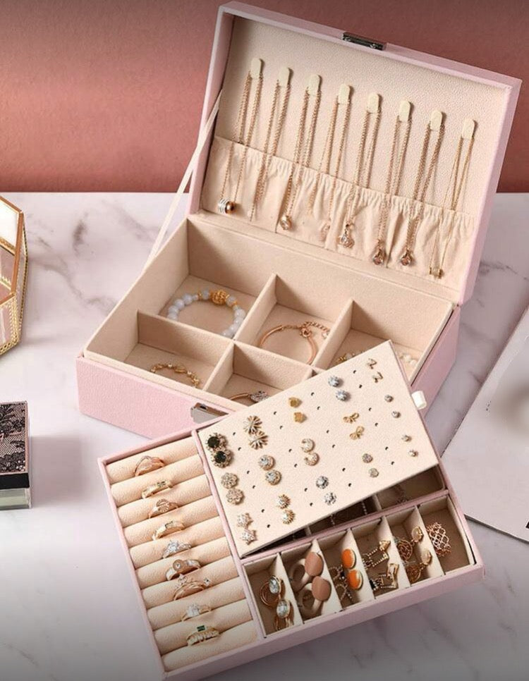 Large Capacity Double Layer Leather Jewellery Organizer with Lock System