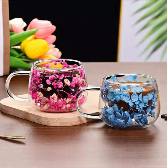350ml Double Layer Dried Flowers Coffee Glass